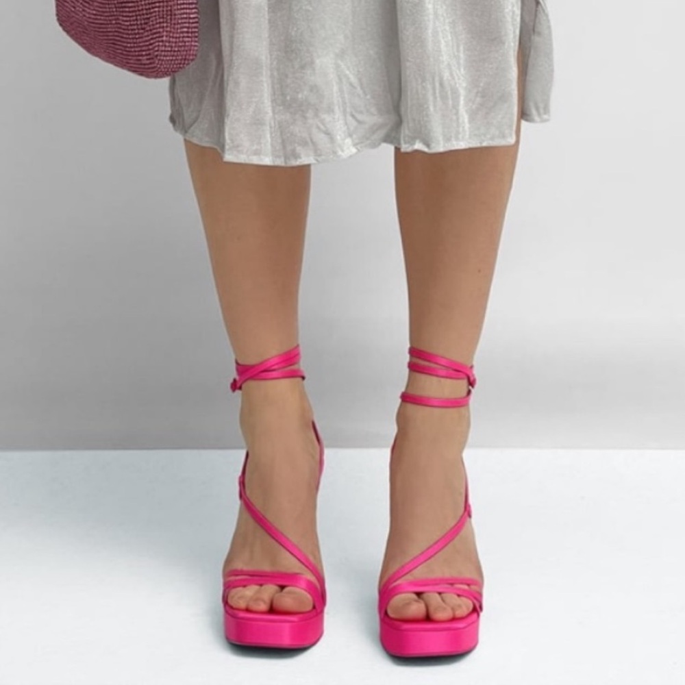 “ZARA” Satin Strappy Wraparound Platform Sandal Heels - Picture 5 of 16